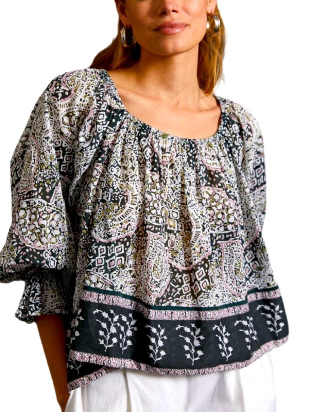 Cleobella Black & Ivory Paisley Tie-Back Peasant Blouse, Anna, NEW WITH TAGS